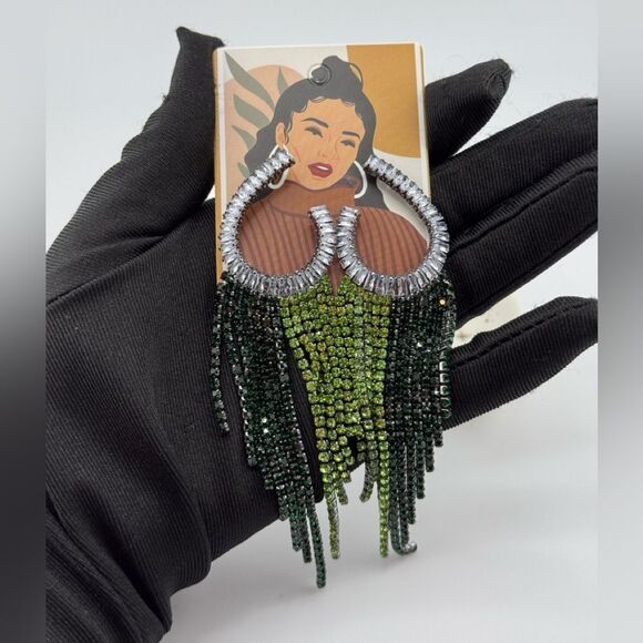 Glam Green & Black Crystal Fringe Earrings — Luxe Statement Jewelry - Picture 8 of 11